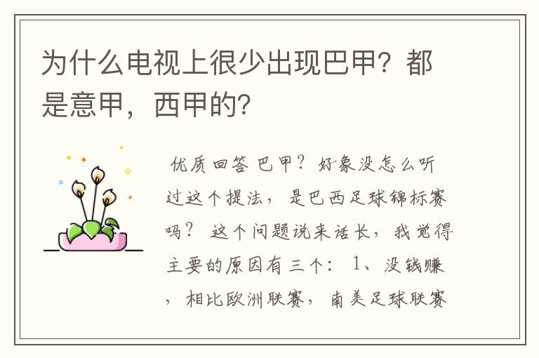 为什么电视上很少出现巴甲?都是意甲,西甲的?
