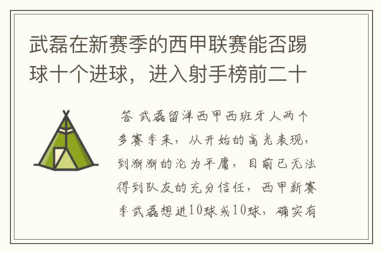 武磊在新赛季的西甲联赛能否踢球十个进球,进入射手榜前二十?