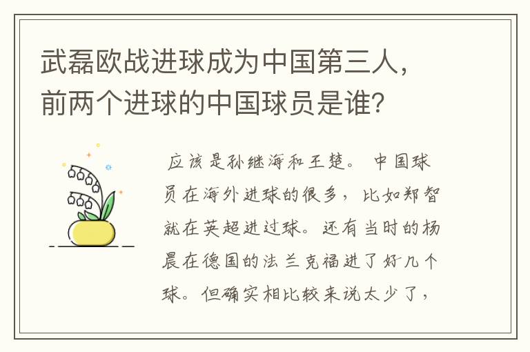 武磊欧战进球成为中国第三人,前两个进球的中国球员是谁?