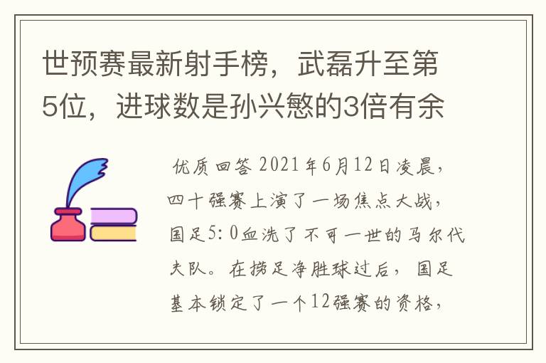 世预赛最新射手榜,武磊升至第5位,进球数是孙兴慜的3倍有余