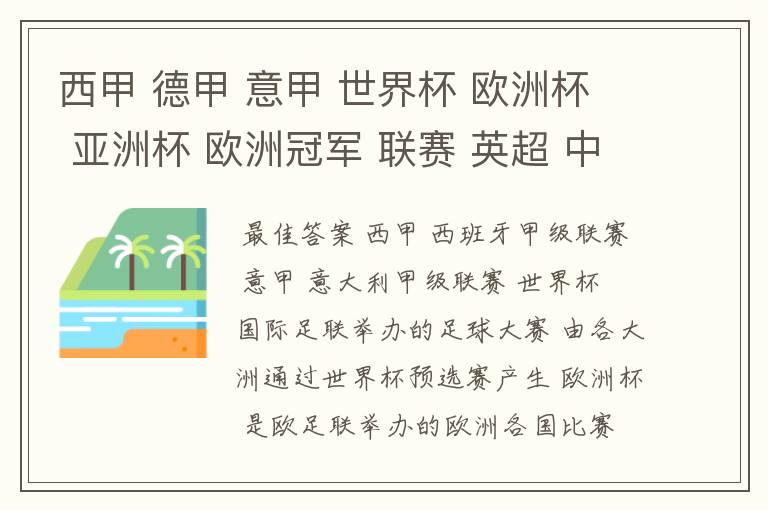西甲 德甲 意甲 世界杯 欧洲杯 亚洲杯 欧洲冠军 联赛 英超 中超 分别是什么意思啊?