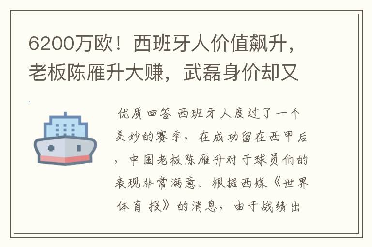 6200万欧!西班牙人价值飙升,老板陈雁升大赚,武磊身价却又缩水