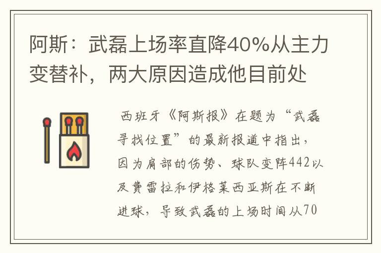阿斯:武磊上场率直降40%从主力变替补,两大原因造成他目前处境