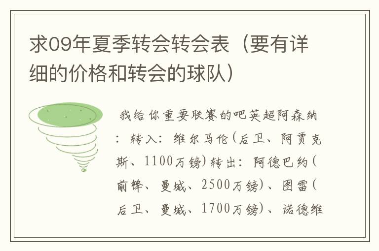 求09年夏季转会转会表(要有详细的价格和转会的球队)