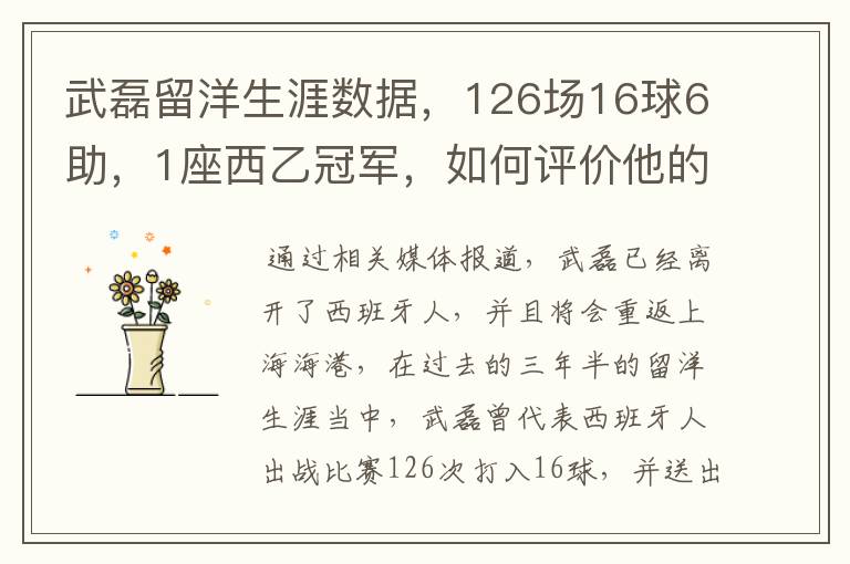 武磊留洋生涯数据,126场16球6助,1座西乙冠军,如何评价他的表现?