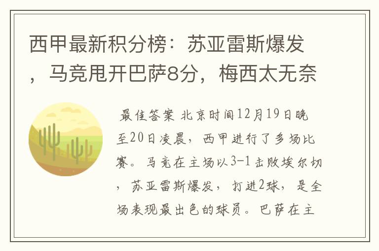 西甲最新积分榜:苏亚雷斯爆发,马竞甩开巴萨8分,梅西太无奈