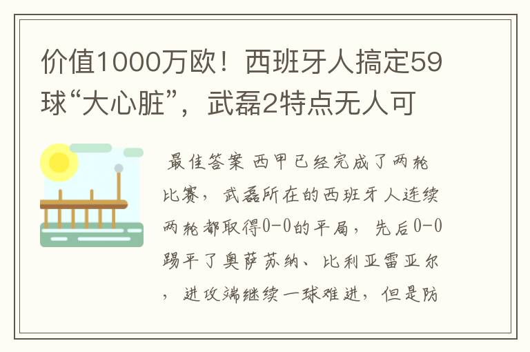 价值1000万欧!西班牙人搞定59球“大心脏”,武磊2特点无人可替