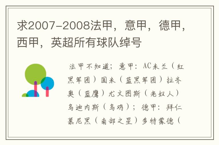 求2007-2008法甲,意甲,德甲,西甲,英超所有球队绰号