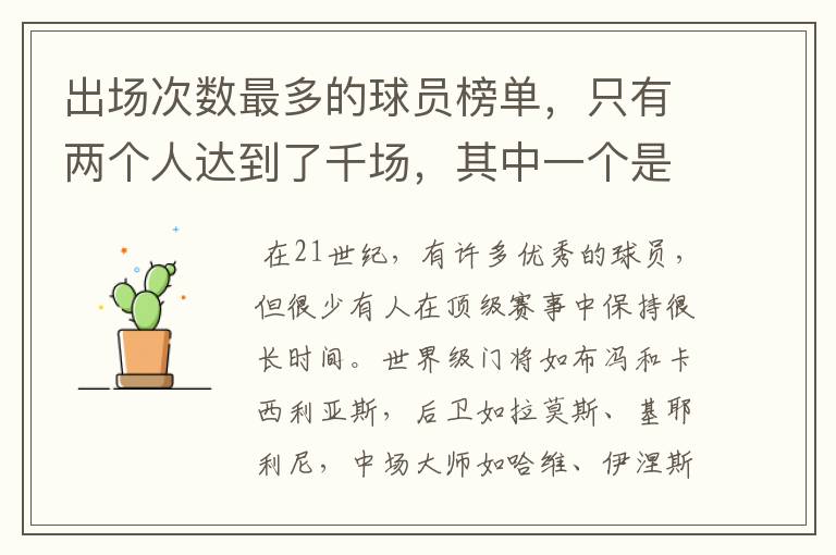 出场次数最多的球员榜单,只有两个人达到了千场,其中一个是C罗