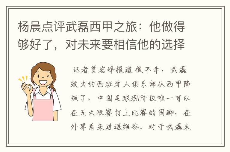 杨晨点评武磊西甲之旅:他做得够好了,对未来要相信他的选择