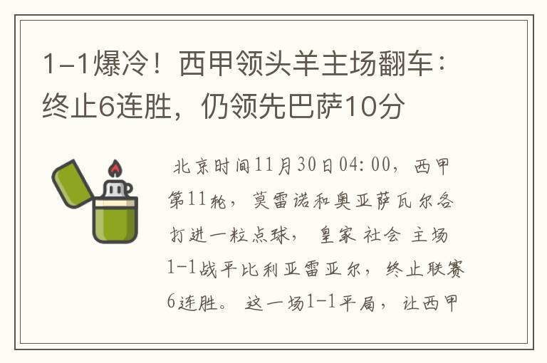 1-1爆冷!西甲领头羊主场翻车:终止6连胜,仍领先巴萨10分