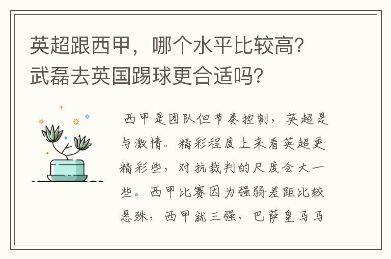 英超跟西甲,哪个水平比较高?武磊去英国踢球更合适吗?