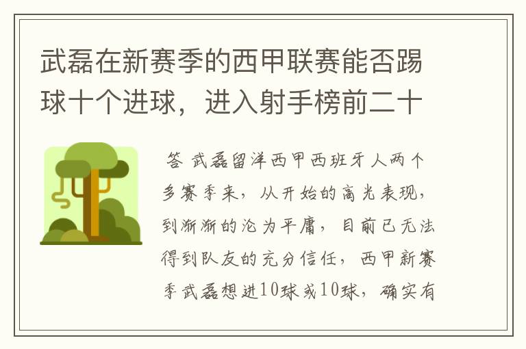 武磊在新赛季的西甲联赛能否踢球十个进球,进入射手榜前二十?