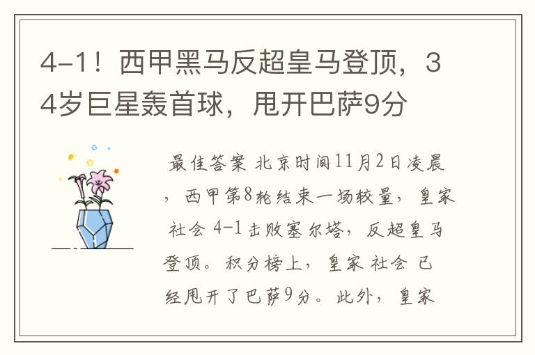 4-1!西甲黑马反超皇马登顶,34岁巨星轰首球,甩开巴萨9分