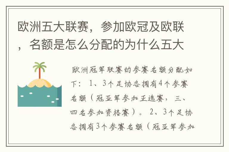 欧洲五大联赛,参加欧冠及欧联,名额是怎么分配的为什么五大联赛只有法甲
