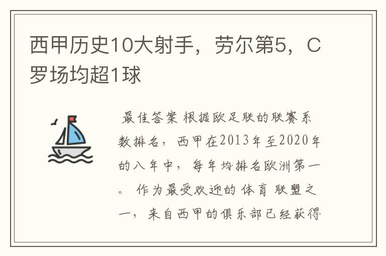 西甲历史10大射手,劳尔第5,C罗场均超1球