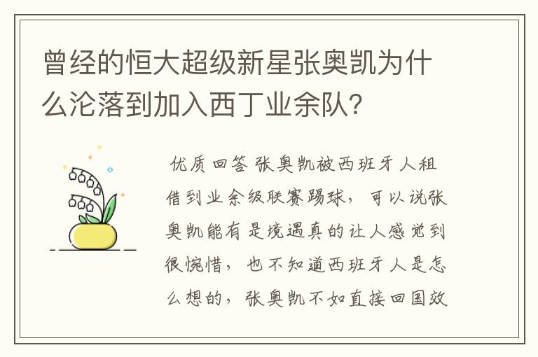 曾经的恒大超级新星张奥凯为什么沦落到加入西丁业余队?