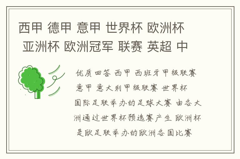 西甲 德甲 意甲 世界杯 欧洲杯 亚洲杯 欧洲冠军 联赛 英超 中超 分别是什么意思啊?