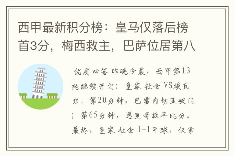 西甲最新积分榜:皇马仅落后榜首3分,梅西救主,巴萨位居第八