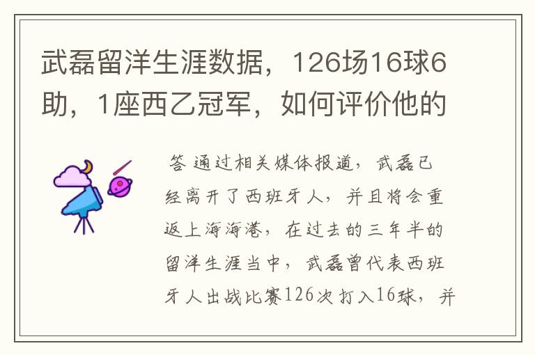 武磊留洋生涯数据,126场16球6助,1座西乙冠军,如何评价他的表现?