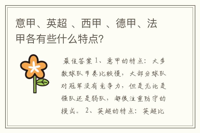 意甲、英超 、西甲 、德甲、法甲各有些什么特点?