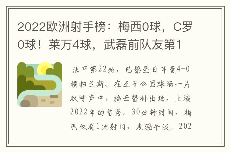 2022欧洲射手榜:梅西0球,C罗0球!莱万4球,武磊前队友第1