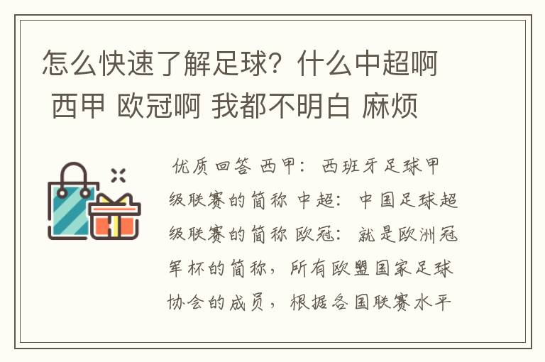 怎么快速了解足球?什么中超啊 西甲 欧冠啊 我都不明白 麻烦 有哪位特别了解足球的 跟我讲讲,多谢