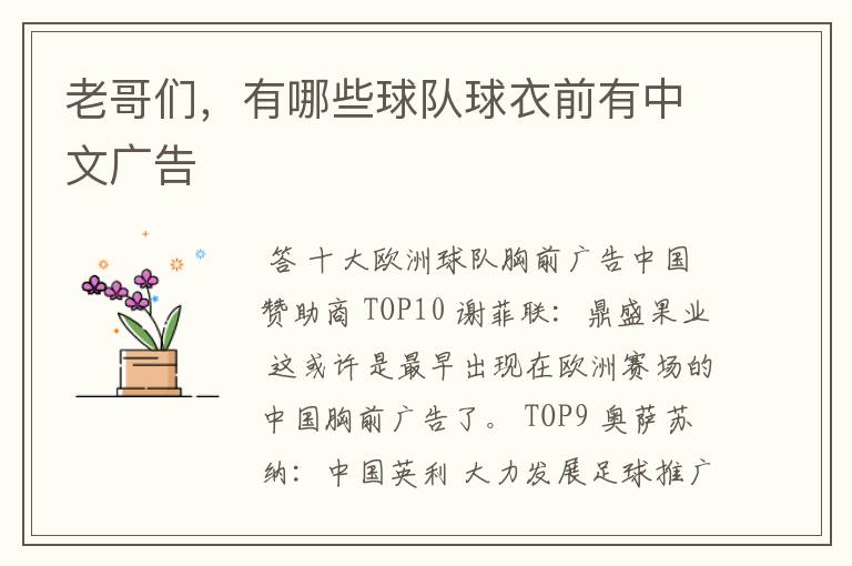 老哥们,有哪些球队球衣前有中文广告