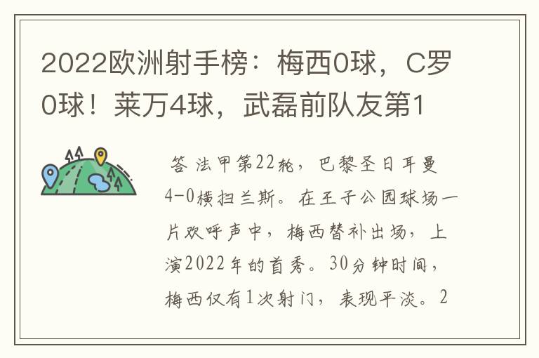 2022欧洲射手榜：梅西0球，C罗0球！莱万4球，武磊前队友第1