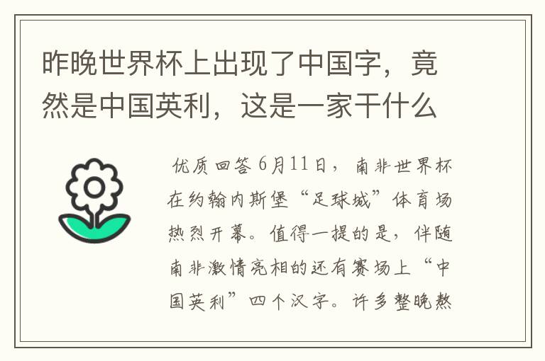 昨晚世界杯上出现了中国字,竟然是中国英利,这是一家干什么的公司啊?