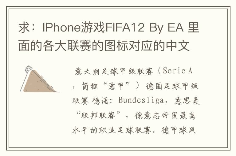 求:IPhone游戏FIFA12 By EA 里面的各大联赛的图标对应的中文名称 例如:Liga BBVA 西甲