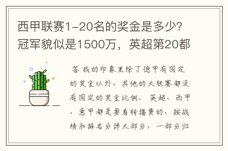 西甲联赛1-20名的奖金是多少?冠军貌似是1500万,英超第20都是4000万呀!