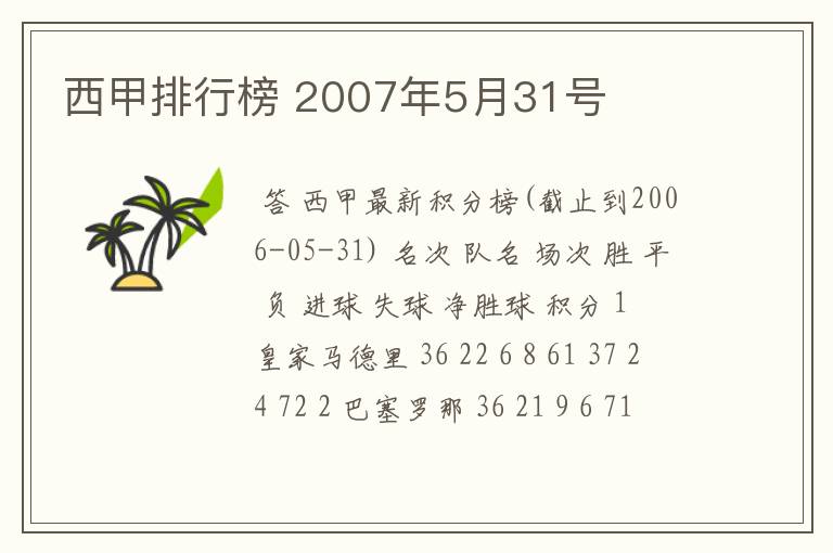 西甲排行榜 2007年5月31号
