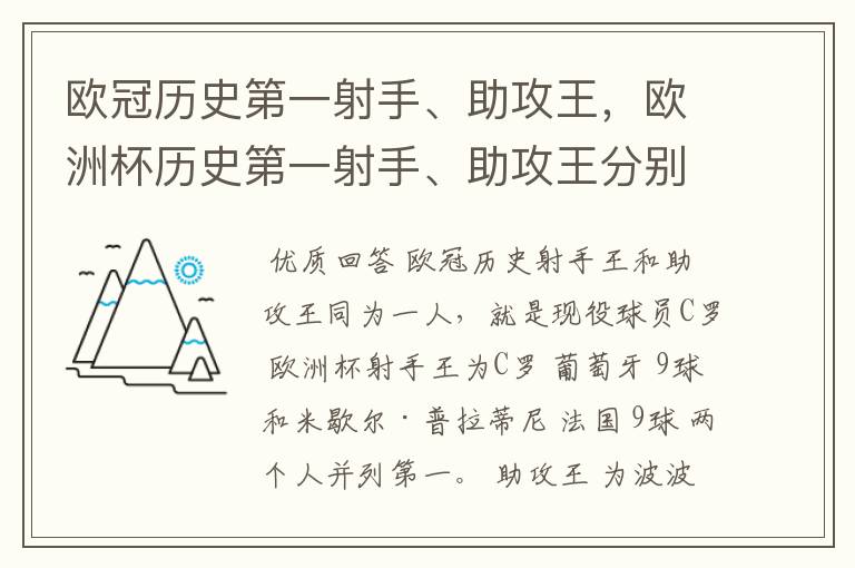 欧冠历史第一射手、助攻王,欧洲杯历史第一射手、助攻王分别是谁?