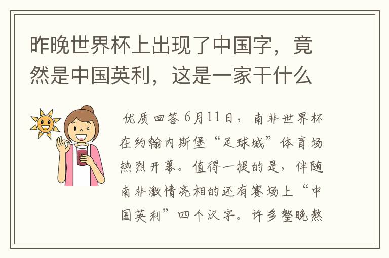 昨晚世界杯上出现了中国字,竟然是中国英利,这是一家干什么的公司啊?