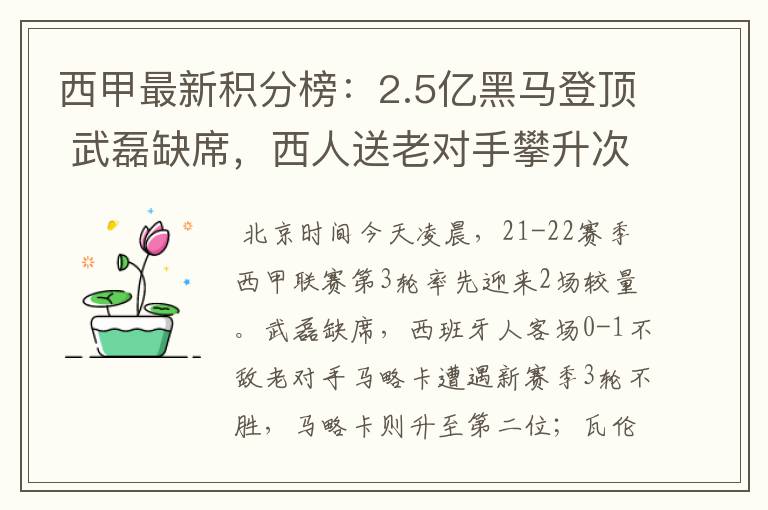 西甲最新积分榜:2.5亿黑马登顶 武磊缺席,西人送老对手攀升次席
