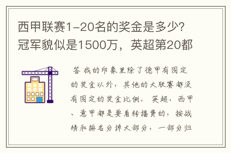 西甲联赛1-20名的奖金是多少?冠军貌似是1500万,英超第20都是4000万呀!