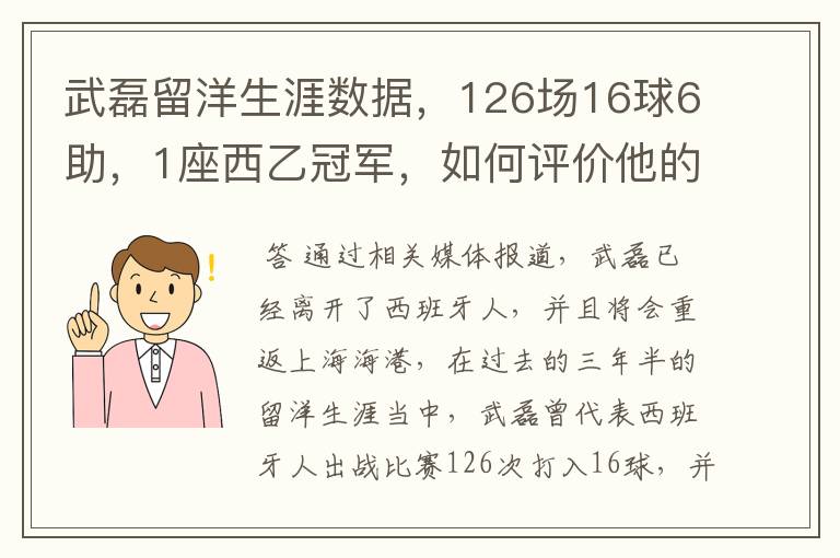 武磊留洋生涯数据,126场16球6助,1座西乙冠军,如何评价他的表现?