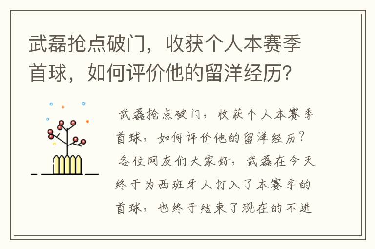 武磊抢点破门,收获个人本赛季首球,如何评价他的留洋经历?