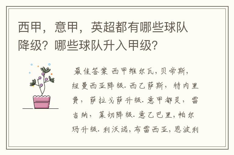 西甲,意甲,英超都有哪些球队降级?哪些球队升入甲级?