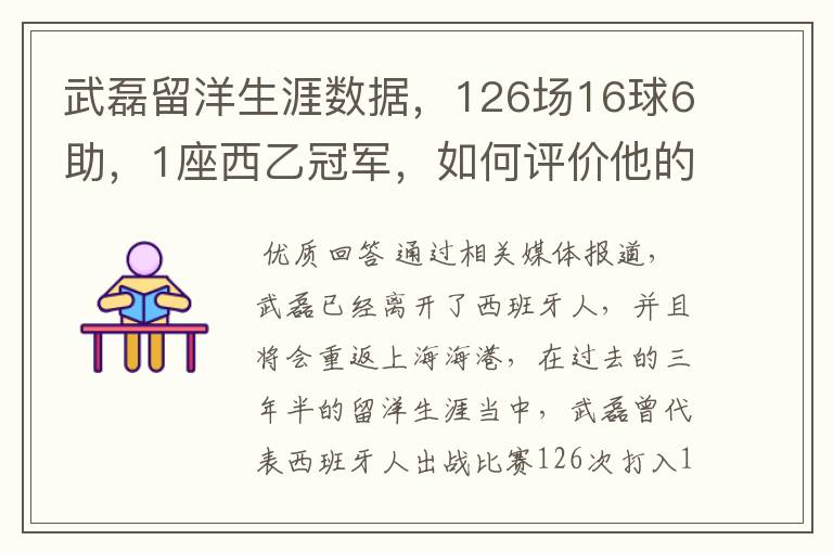 武磊留洋生涯数据,126场16球6助,1座西乙冠军,如何评价他的表现?