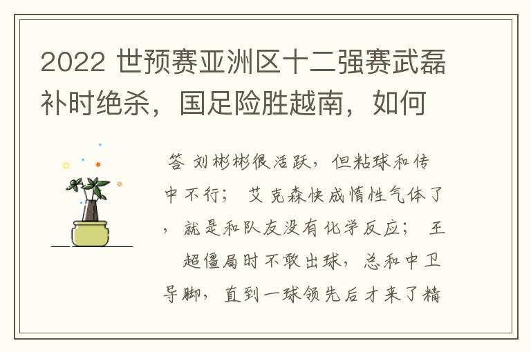 2022 世预赛亚洲区十二强赛武磊补时绝杀,国足险胜越南,如何评价