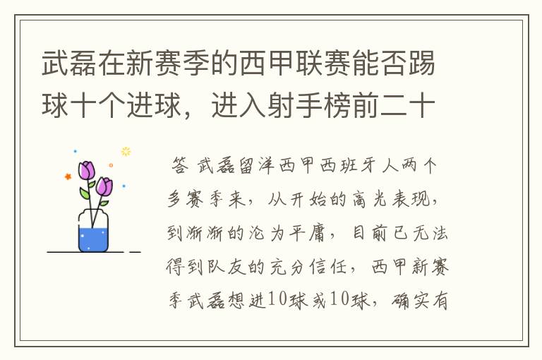 武磊在新赛季的西甲联赛能否踢球十个进球,进入射手榜前二十?