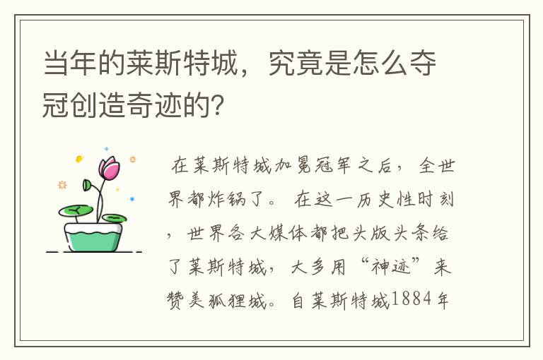 当年的莱斯特城,究竟是怎么夺冠创造奇迹的?