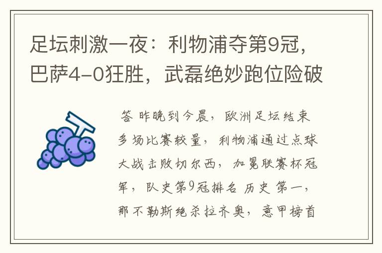 足坛刺激一夜:利物浦夺第9冠,巴萨4-0狂胜,武磊绝妙跑位险破门