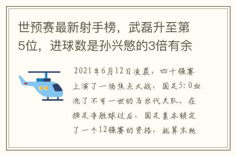世预赛最新射手榜,武磊升至第5位,进球数是孙兴慜的3倍有余