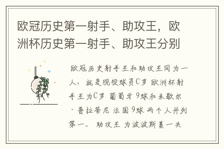 欧冠历史第一射手、助攻王,欧洲杯历史第一射手、助攻王分别是谁?