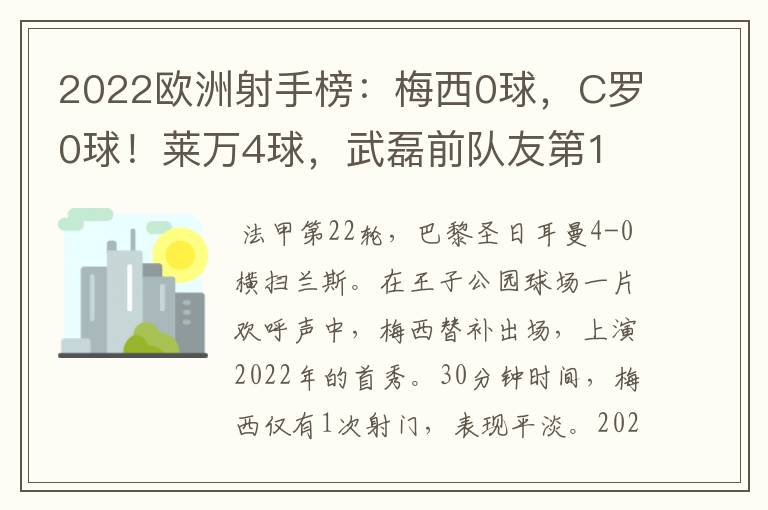2022欧洲射手榜:梅西0球,C罗0球!莱万4球,武磊前队友第1