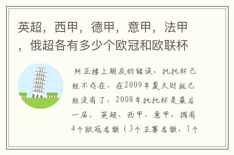 英超,西甲,德甲,意甲,法甲,俄超各有多少个欧冠和欧联杯名额?