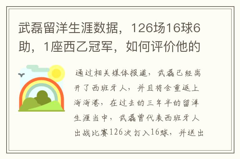 武磊留洋生涯数据,126场16球6助,1座西乙冠军,如何评价他的表现?